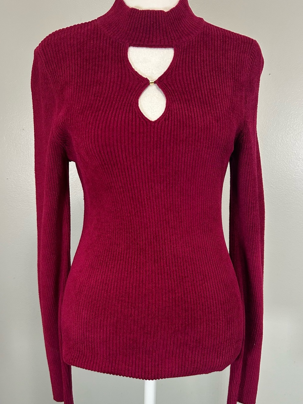 INC International Concepts Ribbed Chenille Mock Neck Cutout Sweater Crimson Red
